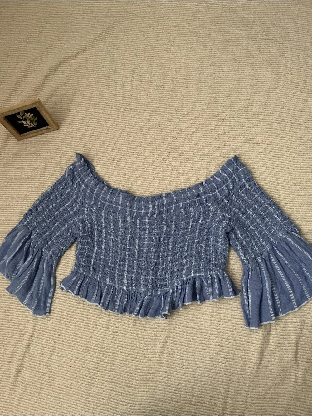 Free People Blue Smocked Off-Shoulder Crop Top